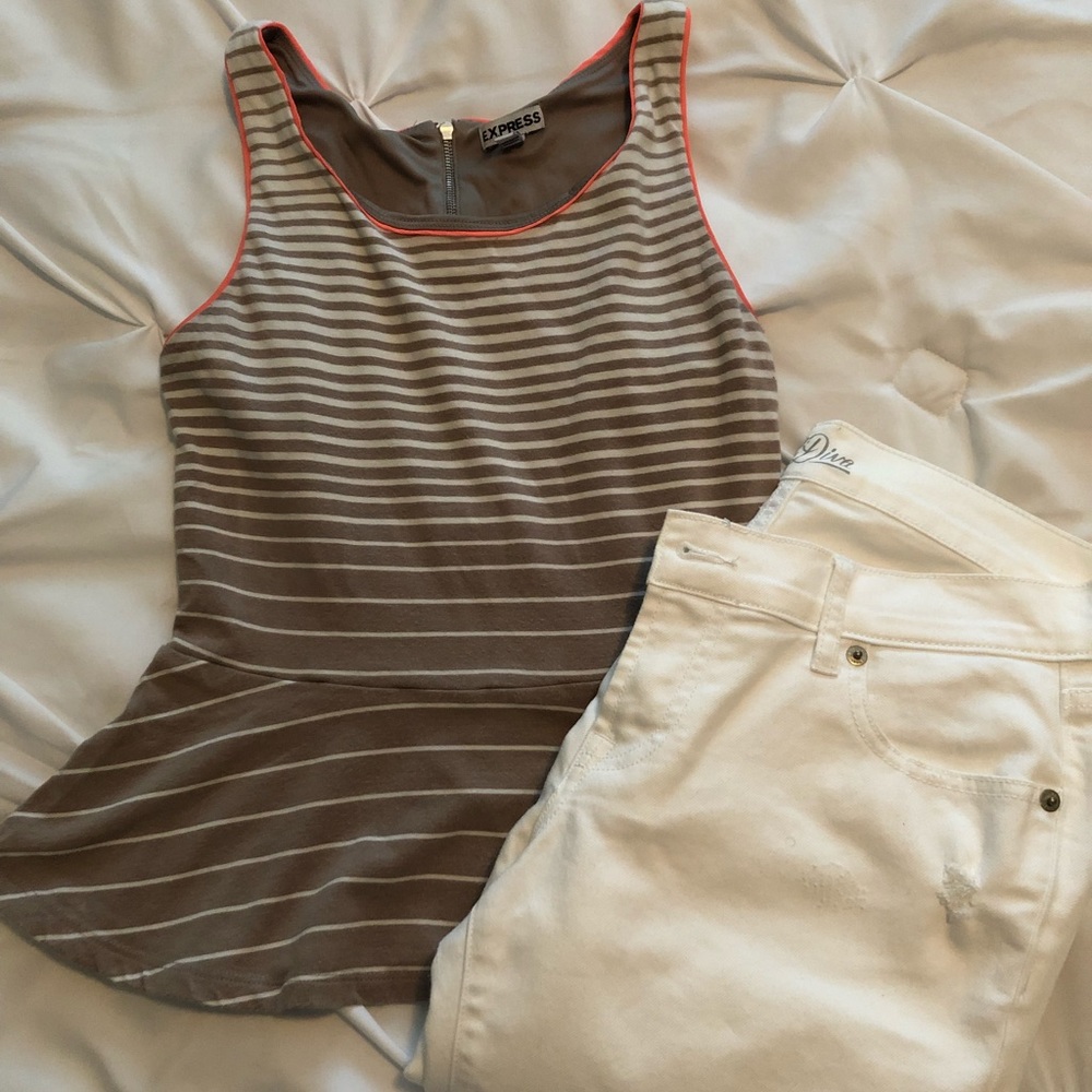 Tan & white striped, peplum waist blouse